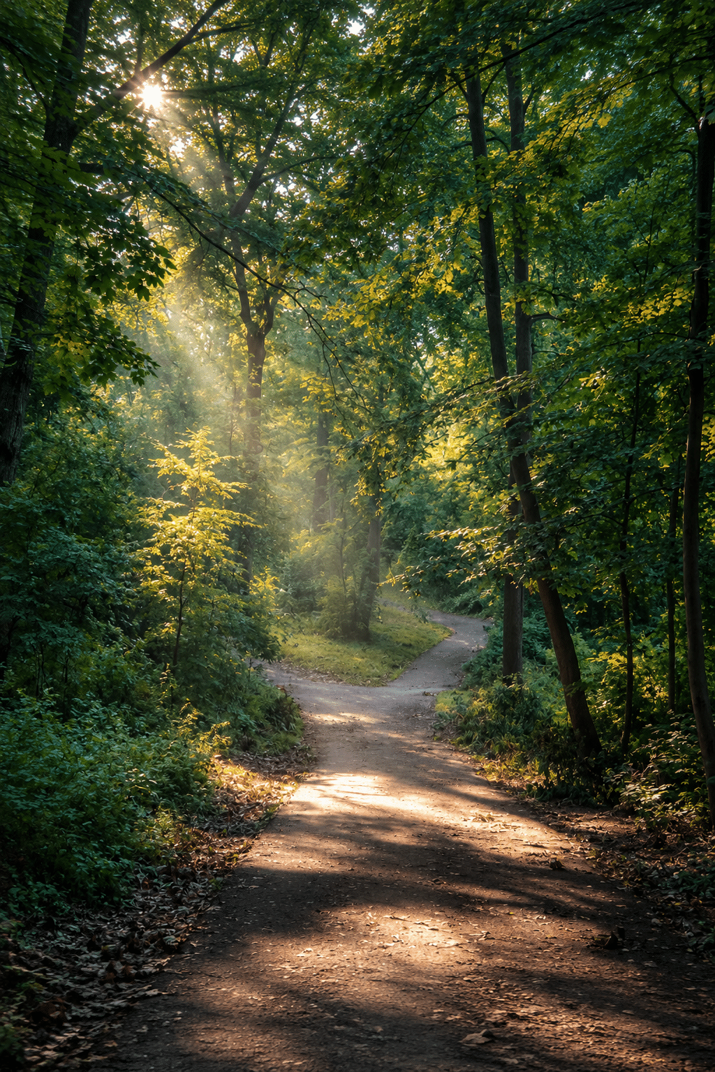 A curving woodland path beneath cool green trees, with soft morning light and distant haze